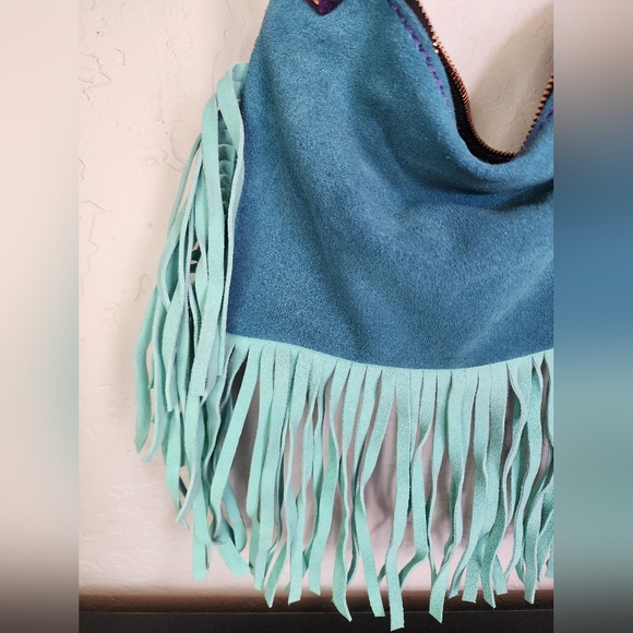 Fort Omotse Teal Leather Fringe Guitar Strap Crossbody - Picture 2 of 11
